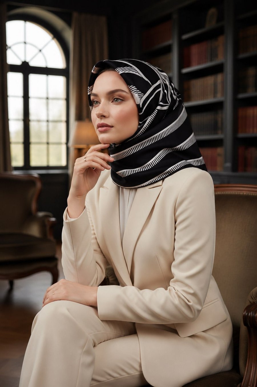 % 57 İPEK % 43 VİSKON Twill İpek Çizgili Çiçek Desenli Siyah - Krem Renkli 90x90 Eşarp Dikim Şekli : El Dikişi