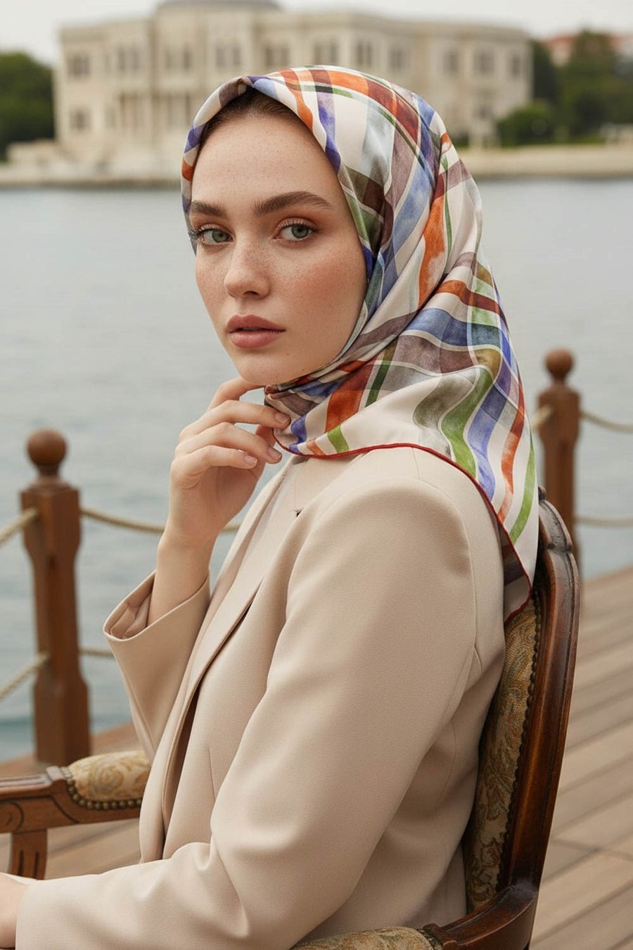 %100 Twill İpek Ekose Desenli Taba - Haki Renkli 90x90 Eşarp Kenar Dikiş Şekli El Dikişli