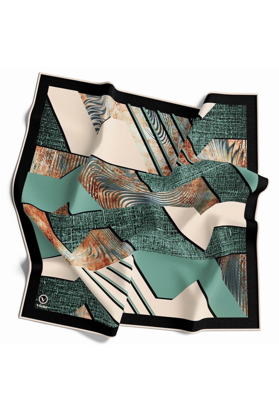 Twill Dalgalı Geometrik Desenli Petrol Yeşili Renkli 90x90 Eşarp (İpek İçermez) Kenar Dikiş Şekli El Dikişli