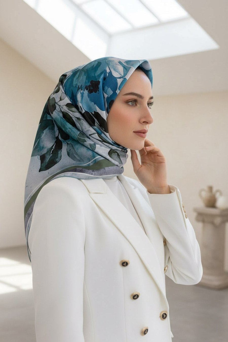 %100 Twill İpek Bahar Çiçekleri Desenli Petrol Yeşili - Haki Renkli 90x90 Eşarp Dikim Şekli : El Dikişi