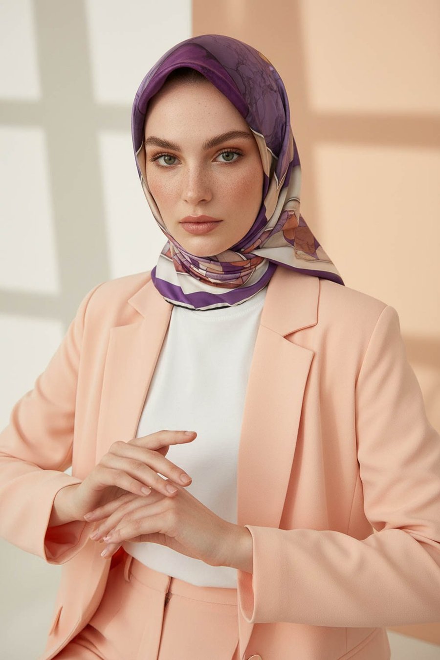Rayon Geometrik Mermer Desenli Lila Renkli 90x90 Eşarp (İpek İçermez) Kenar Dikiş Şekli El Dikişli