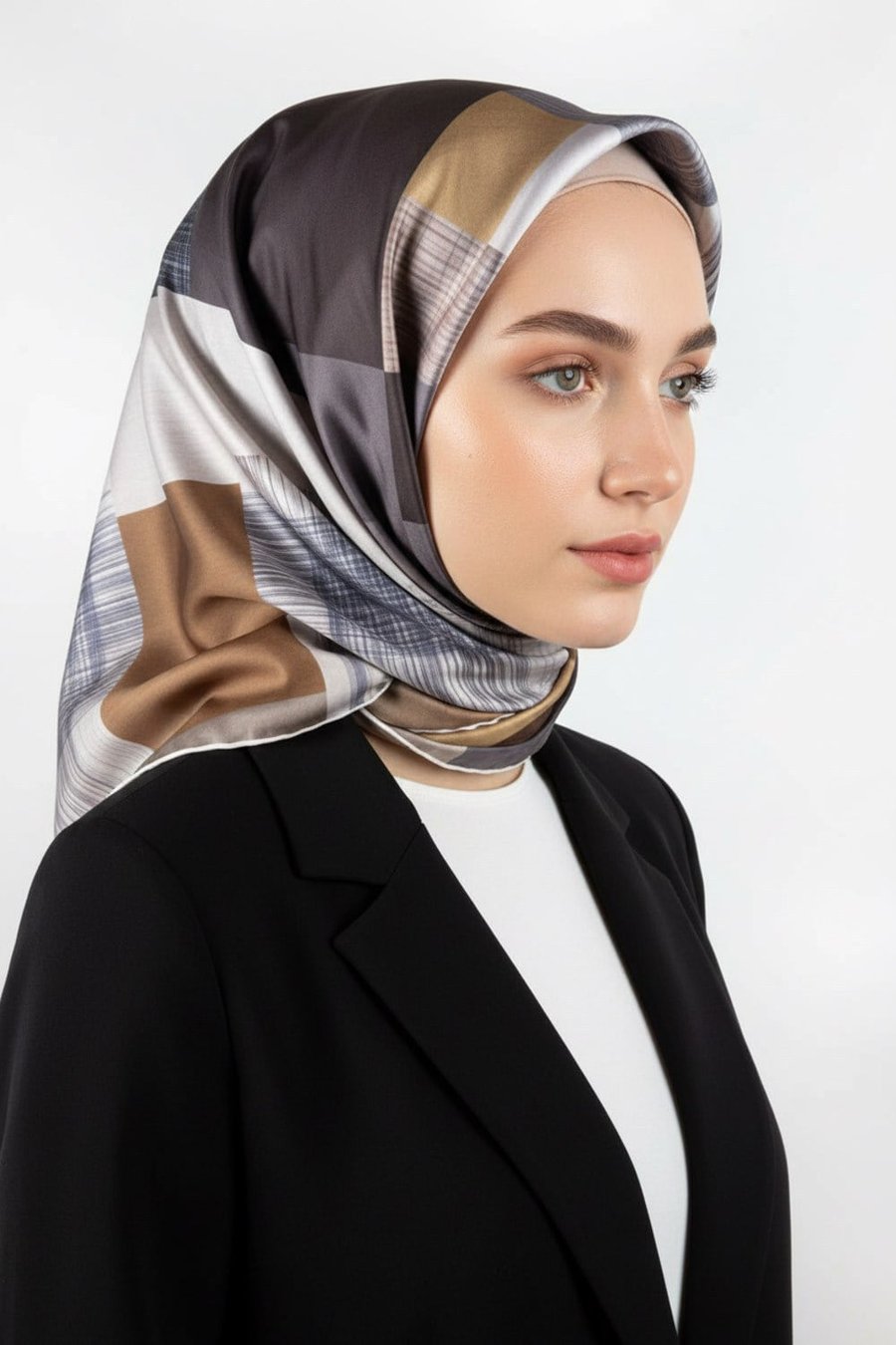 Twill Geometrik Desenli Gri Renkli 90x90 Eşarp (İpek İçermez) Kenar Dikiş Şekli El Dikişli