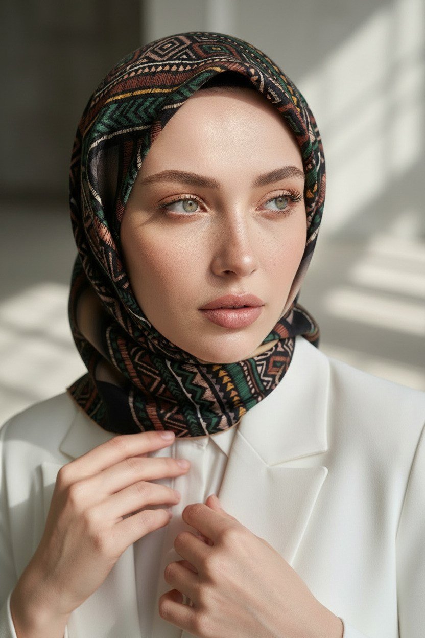 %100 Twill İpek Etnik Desenli Bej - Zümrüt Yeşili Renkli 90x90 Eşarp Dikim Şekli : El Dikişi