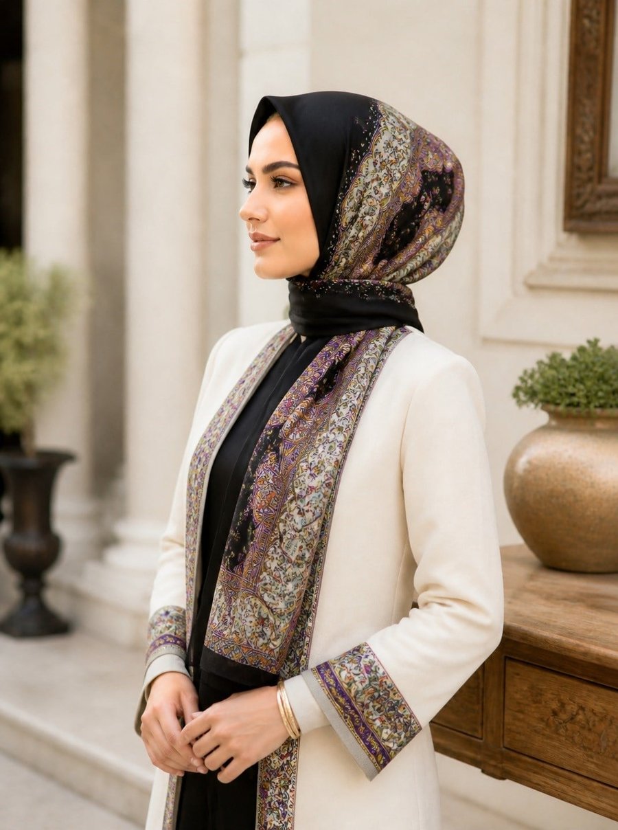 %100 İpek Etnik Desenli Siyah Renkli 92x210 Şal