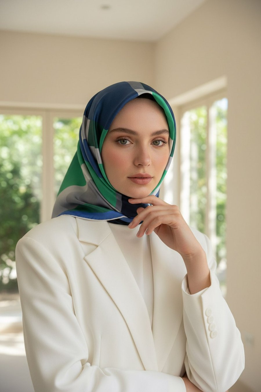 %100 Twill İpek Geometrik Desenli Zümrüt Yeşili - Saks Renkli 90x90 Eşarp Dikim Şekli : El Dikişi
