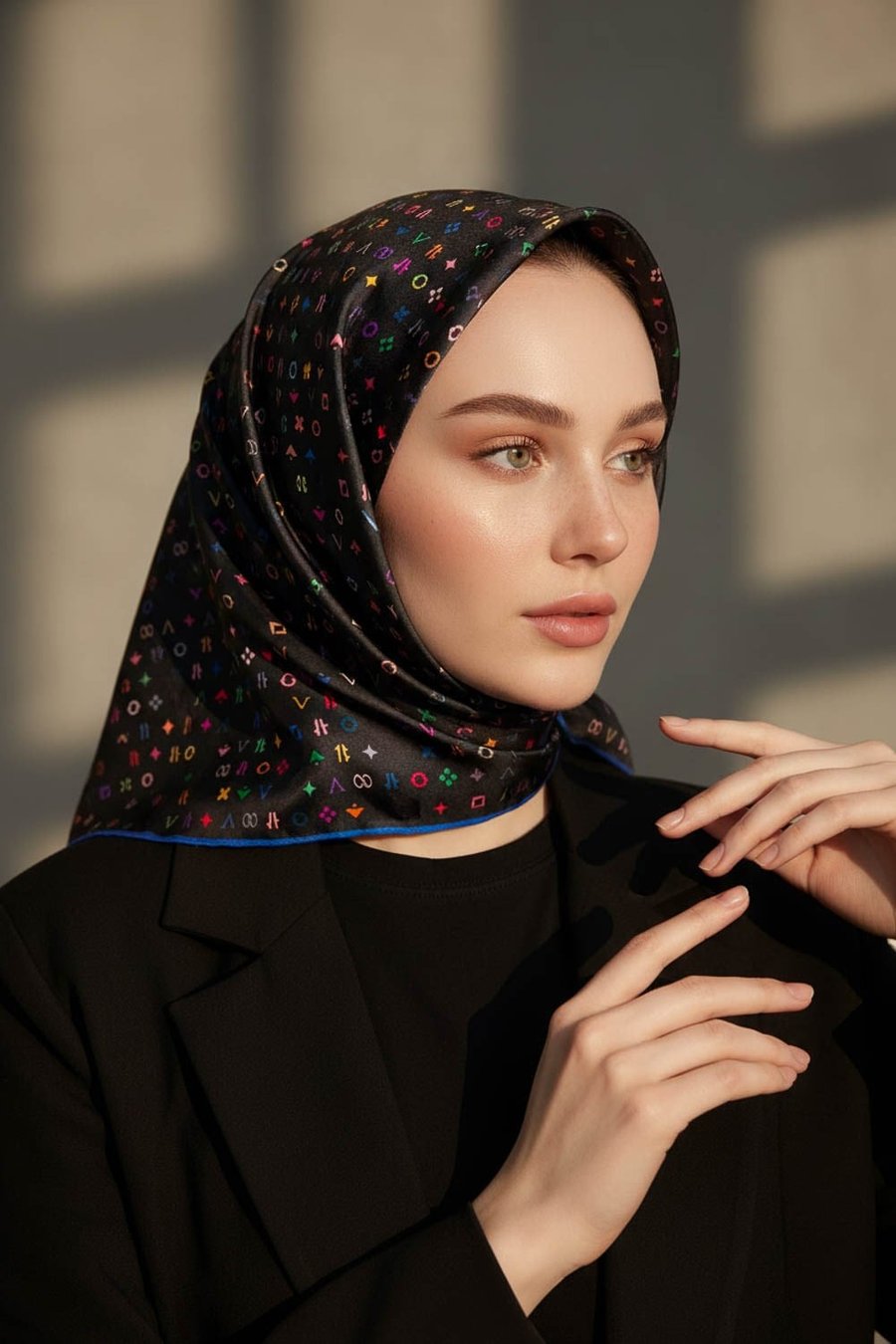 %100 Twill İpek Çıtır Motif Desenli Siyah - Saks Renkli 90x90 Eşarp Dikim Şekli : El Dikişi