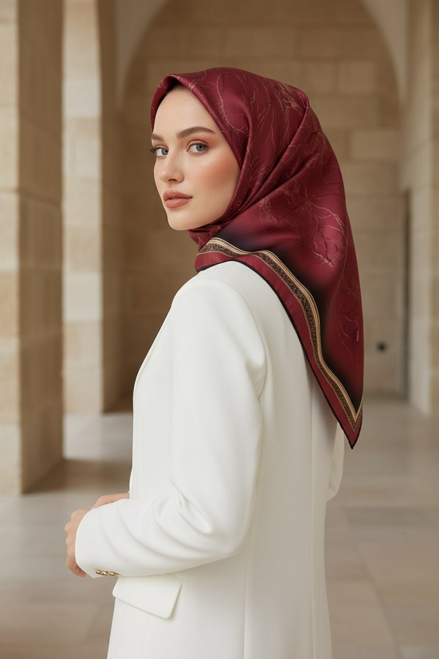 % 57 İPEK % 43 VİSKON Twill İpek Mermer Desenli Bordo Renkli 90x90 Eşarp Dikim Şekli : El Dikişi