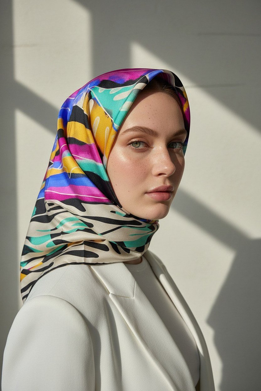 %100 Twill İpek Amazon Desenli Saks - Fuşya Renkli 90x90 Eşarp Kenar Dikiş Şekli El Dikişli