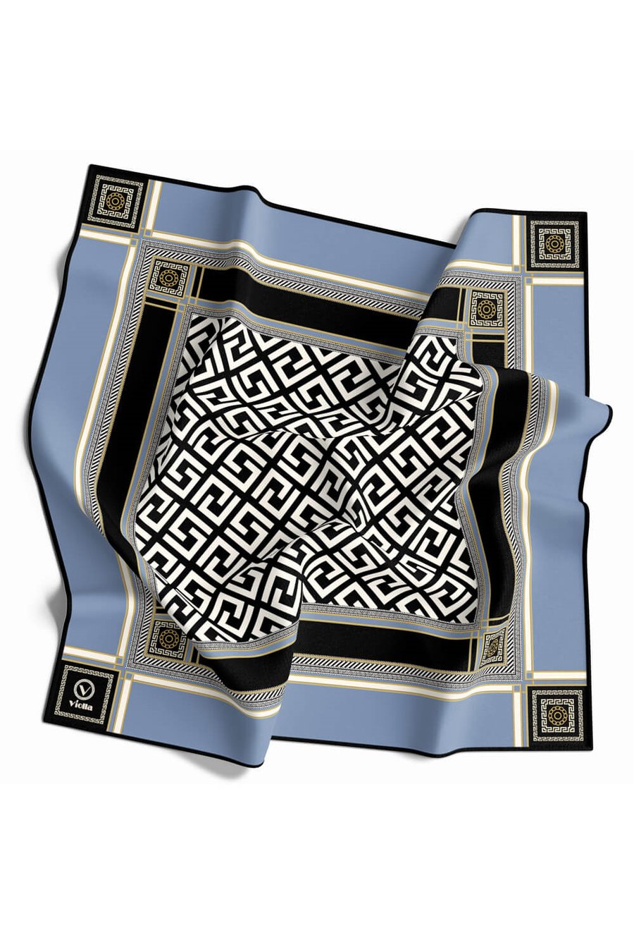 Twill Antik Desenli Bebe Mavisi Renkli 90x90 Eşarp (İpek İçermez) Kenar Dikiş Şekli El Dikişli