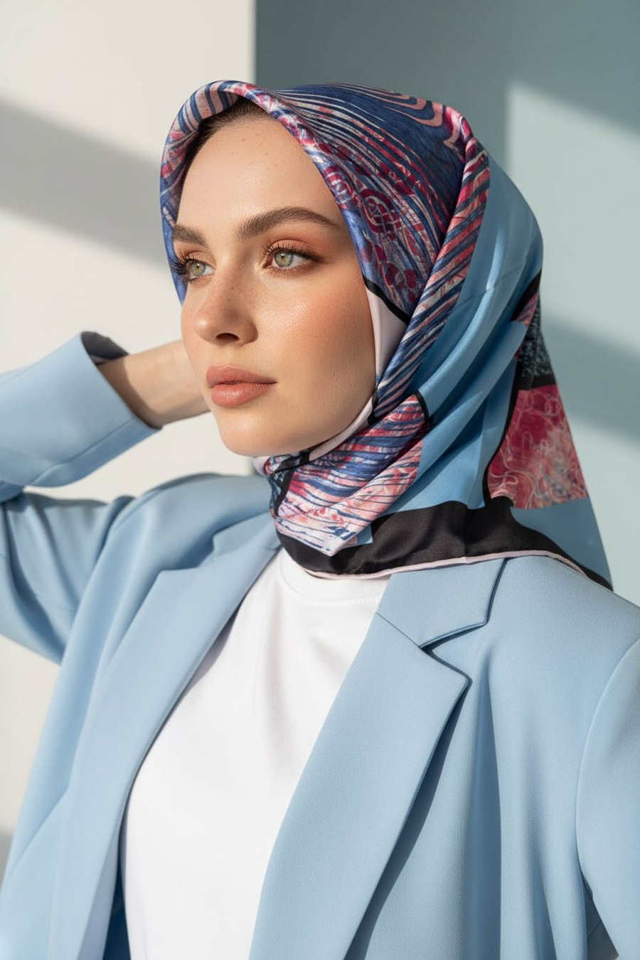 Twill Dalgalı Geometrik Desenli Petrol Mavisi Renkli 90x90 Eşarp (İpek İçermez) Kenar Dikiş Şekli El Dikişli