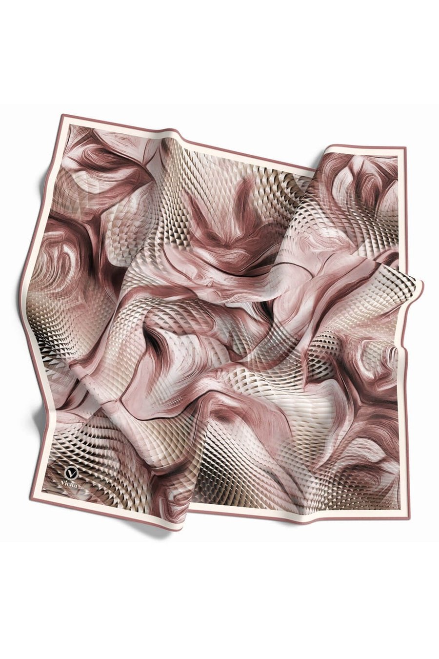 Twill Geometrik Ve Dalga Desenli Pudra Renkli 90x90 Eşarp (İpek İçermez) Dikim Şekli : El Dikişi
