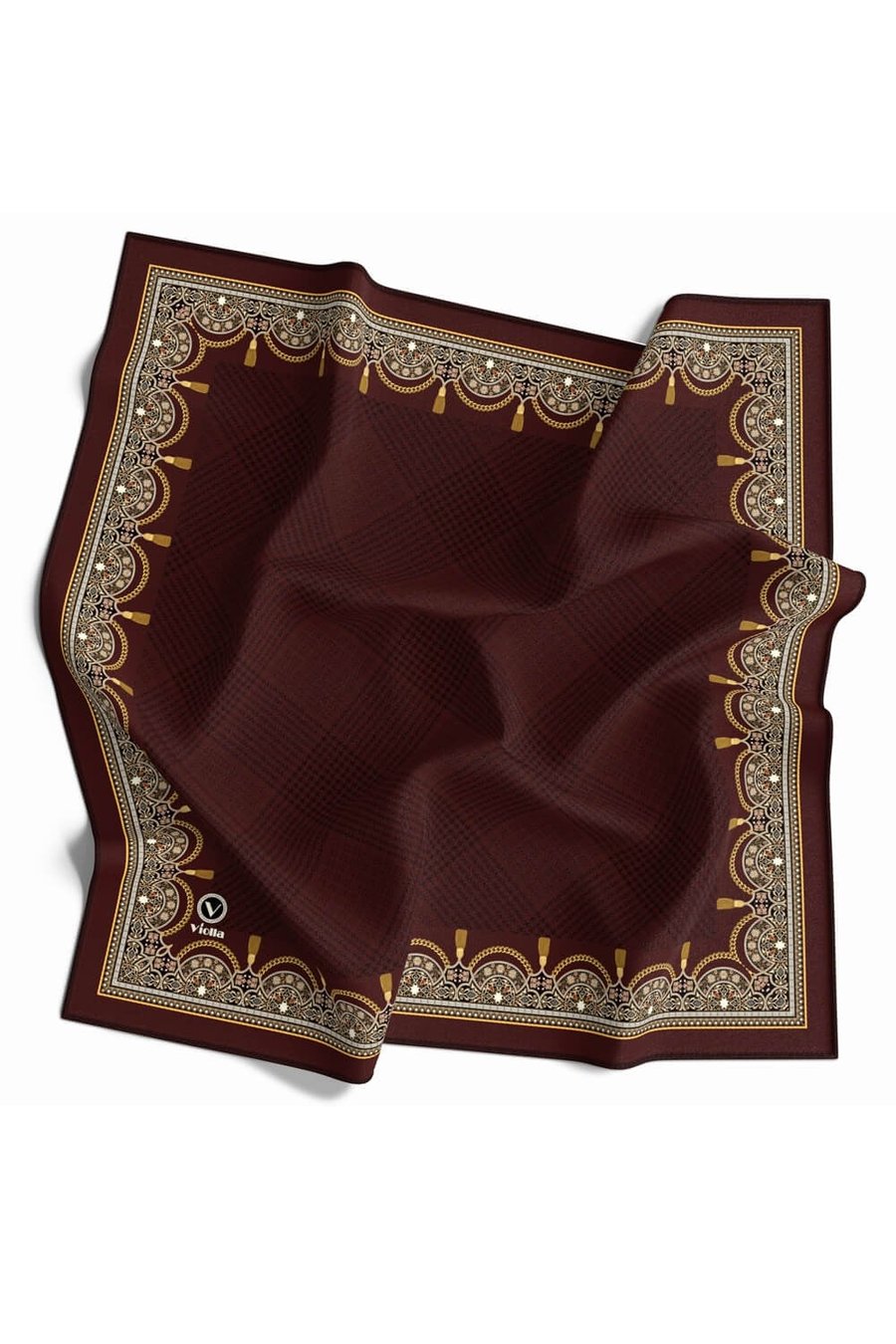 Twill Yumuşak Dokulu Kenar Motifi Şal Desenli Bordo Renkli 90x90 Eşarp (İpek İçermez) Dikim Şekli : El Dikişi