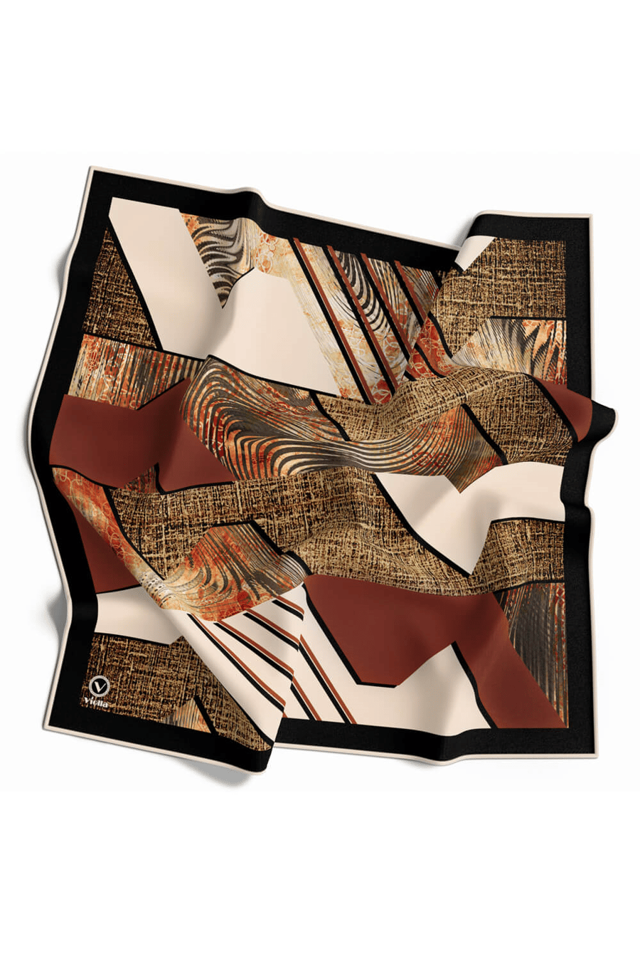 Twill Dalgalı Geometrik Desenli Taba Renkli 90x90 Eşarp (İpek İçermez) Kenar Dikiş Şekli El Dikişli