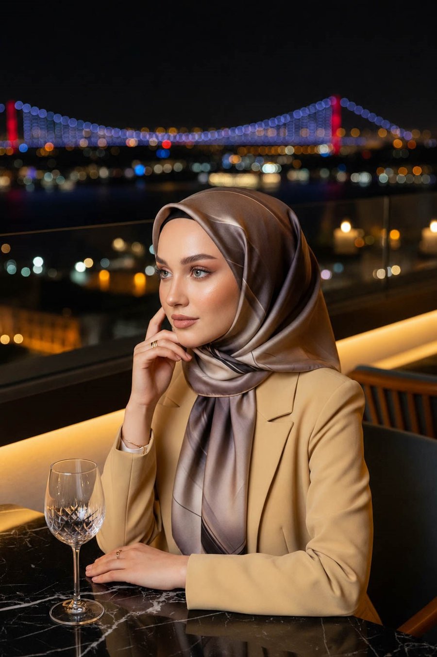 %100 Twill İpek Duman Desenli Bej Renkli 90x90 Eşarp Dikim Şekli : El Dikişi