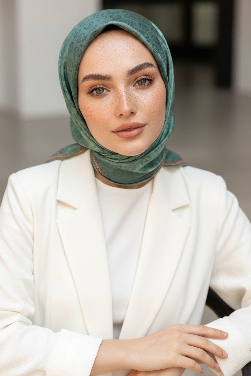 %100 Twill İpek Monogram Desenli Benetton Yeşili Renkli 90x90 Eşarp Dikim Şekli : El Dikişi