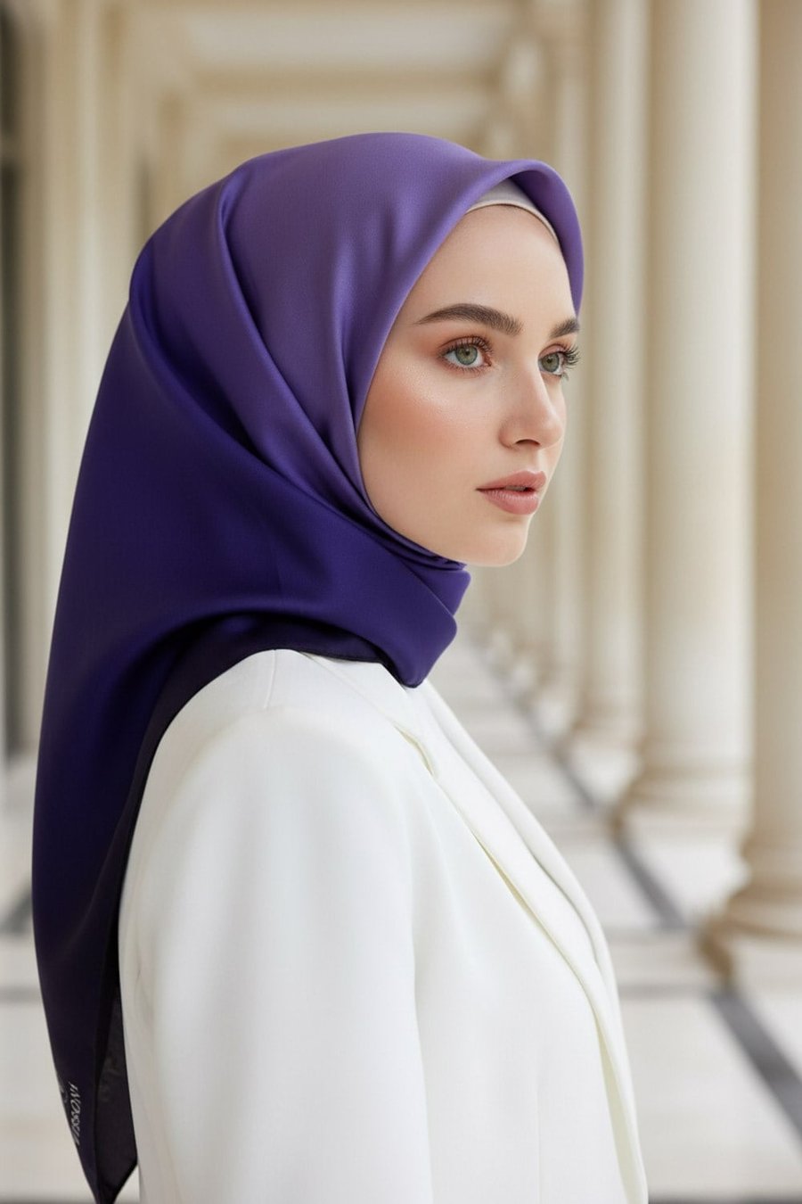 %100 Twill İpek Degrade Desenli Mor Renkli 90x90 Eşarp Dikim Şekli : El Dikişi