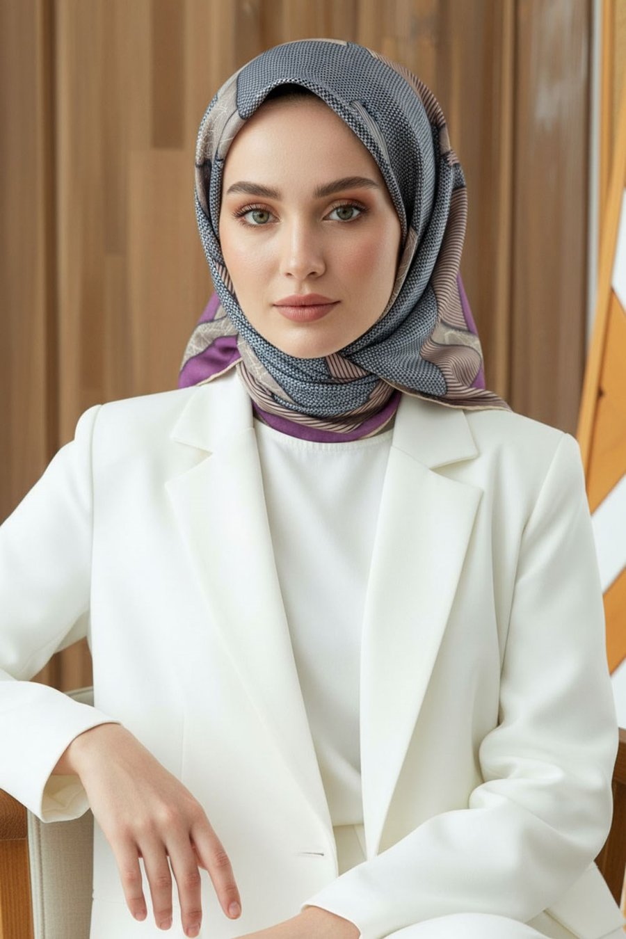 %100 Twill İpek Geometrik Desenli Vizon - Pudra Renkli 90x90 Eşarp Dikim Şekli : El Dikişi