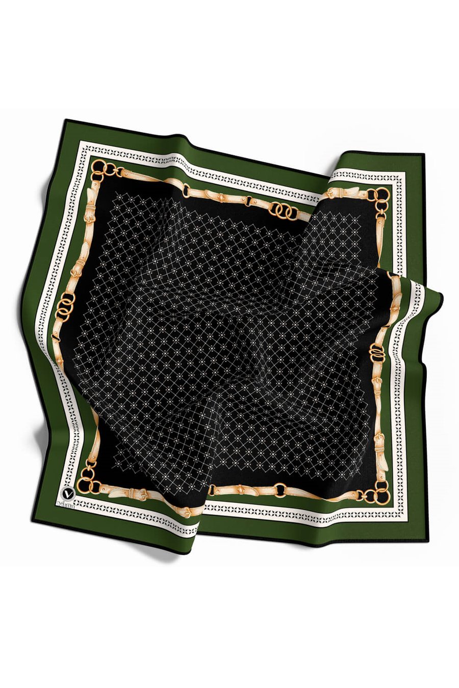 Twill Kemerli ve Çıtır Motifli Desenli Zümrüt Yeşili Renkli 90x90 Eşarp (İpek İçermez) Dikim Şekli : El Dikişi