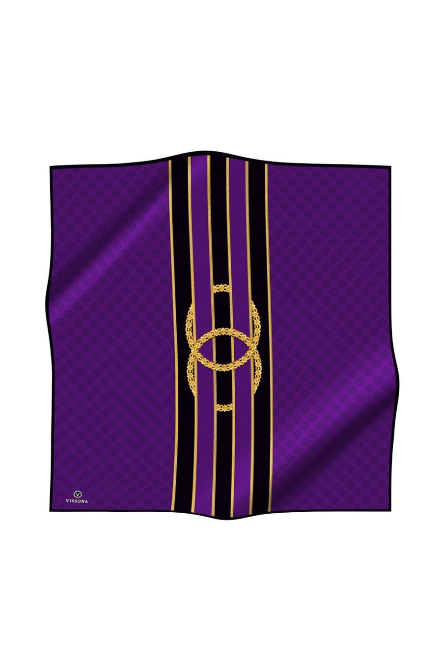 %100 Twill İpek Zincirli Ve Monogram Desenli Mor - Siyah Renkli 90x90 Eşarp Dikim Şekli : El Dikişi