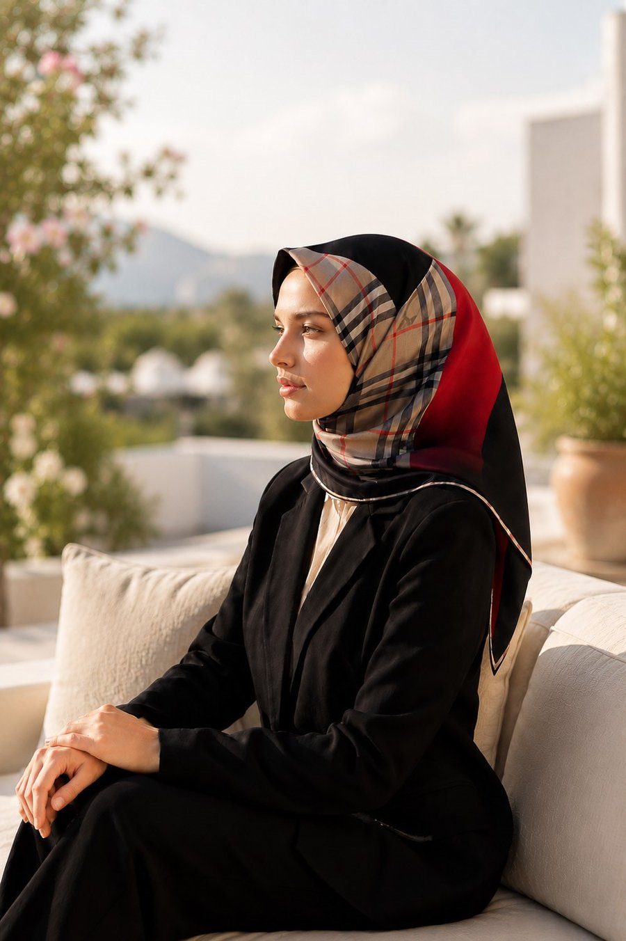 % 57 İPEK % 43 VİSKON Twill İpek Ekose Desenli Kırmızı - Siyah Renkli 90x90 Eşarp Dikim Şekli : El Dikişi