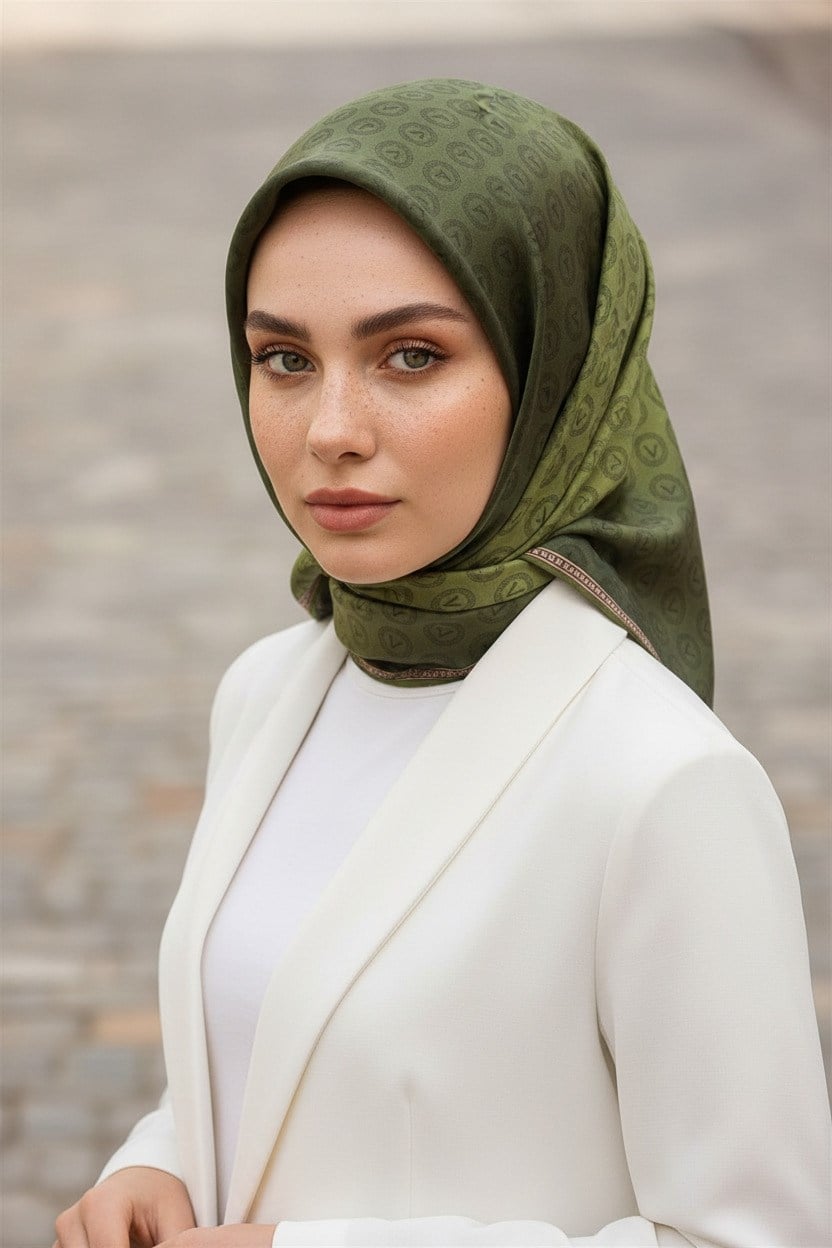 % 57 İPEK % 43 VİSKON Twill İpek Monogram Desenli Haki  Renkli 90x90 Eşarp Dikim Şekli : El Dikişi