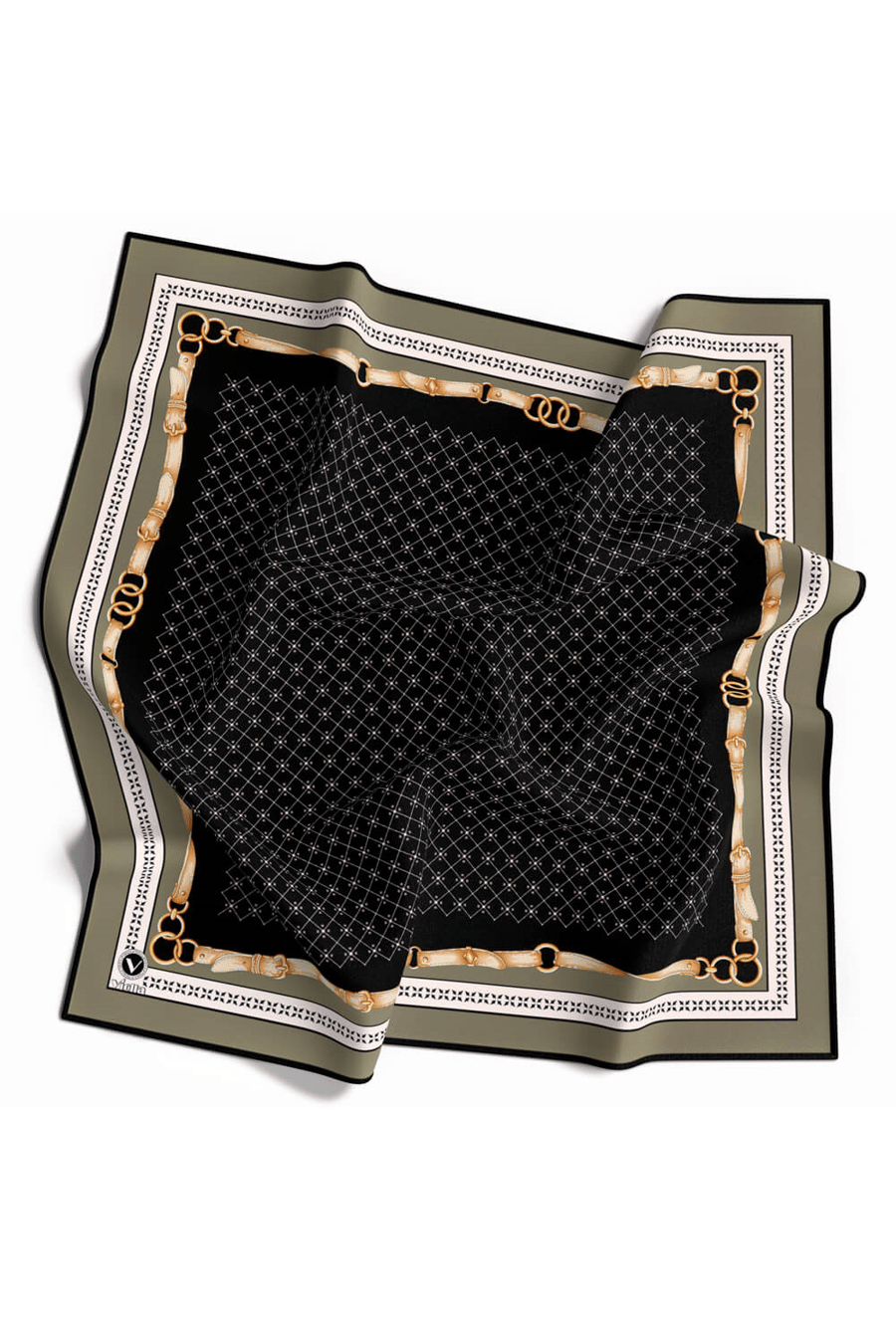 Twill Kemerli ve Çıtır Motifli Desenli Haki Renkli 90x90 Eşarp (İpek İçermez) Dikim Şekli : El Dikişi