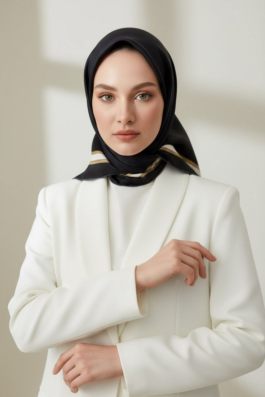 % 57 İPEK % 43 VİSKON Twill İpek Dokulu Şerit Desenli Siyah - Kremi Renkli 90x90 Eşarp Dikim Şekli : El Dikişi