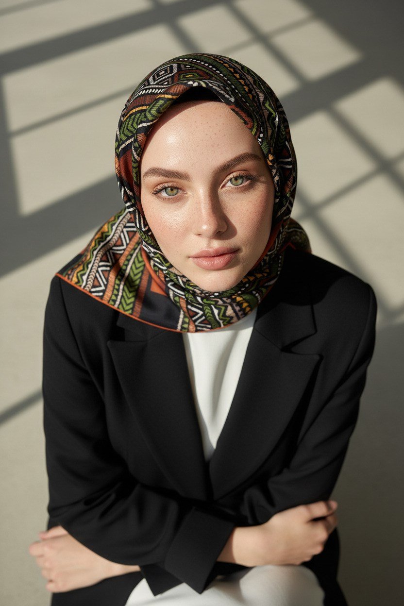 % 57 İPEK % 43 VİSKON Twill İpek Etnik Desenli Taba - Haki Renkli 90x90 Eşarp Dikim Şekli : El Dikişi