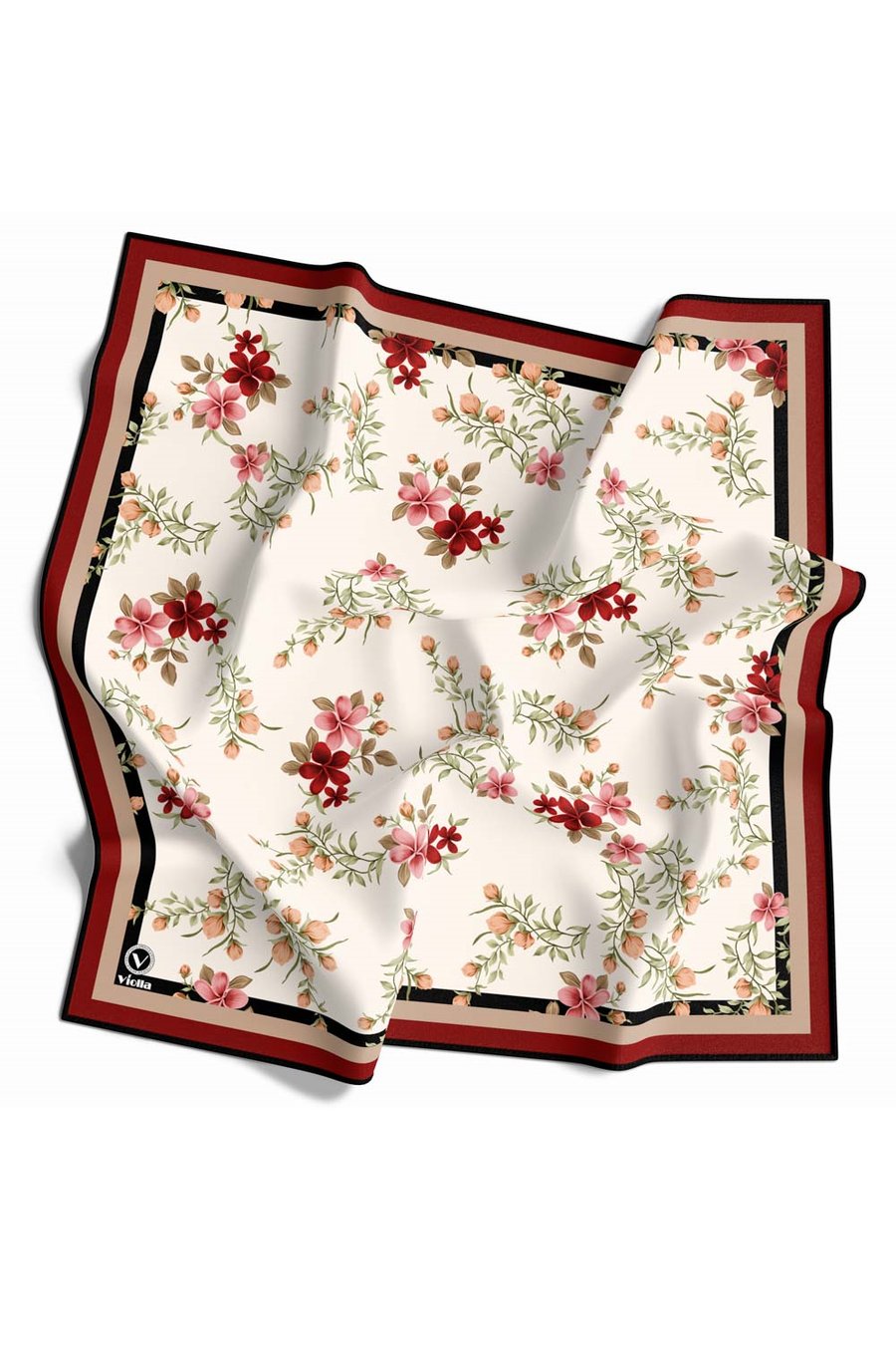 Rayon Çiçek Desenli Bordo Renkli 90x90 Eşarp (İpek İçermez) Dikim Şekli : El Dikişi