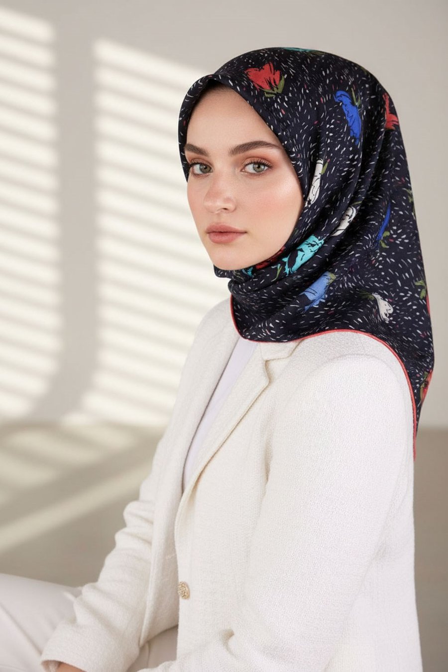 %100 Twill İpek Çıtır Çiçek Desenli Lacivert - Saks Renkli 90x90 Eşarp Dikim Şekli : El Dikişi