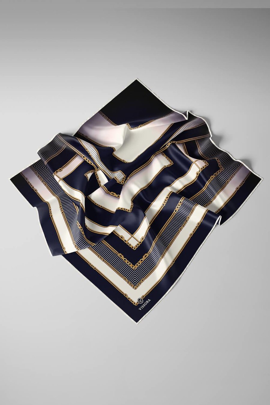%100 Twill İpek Zincir Detaylı Geometrik Desenli Lacivert - Lacivert Renkli 90x90 Eşarp Dikim Şekli : El Dikişi