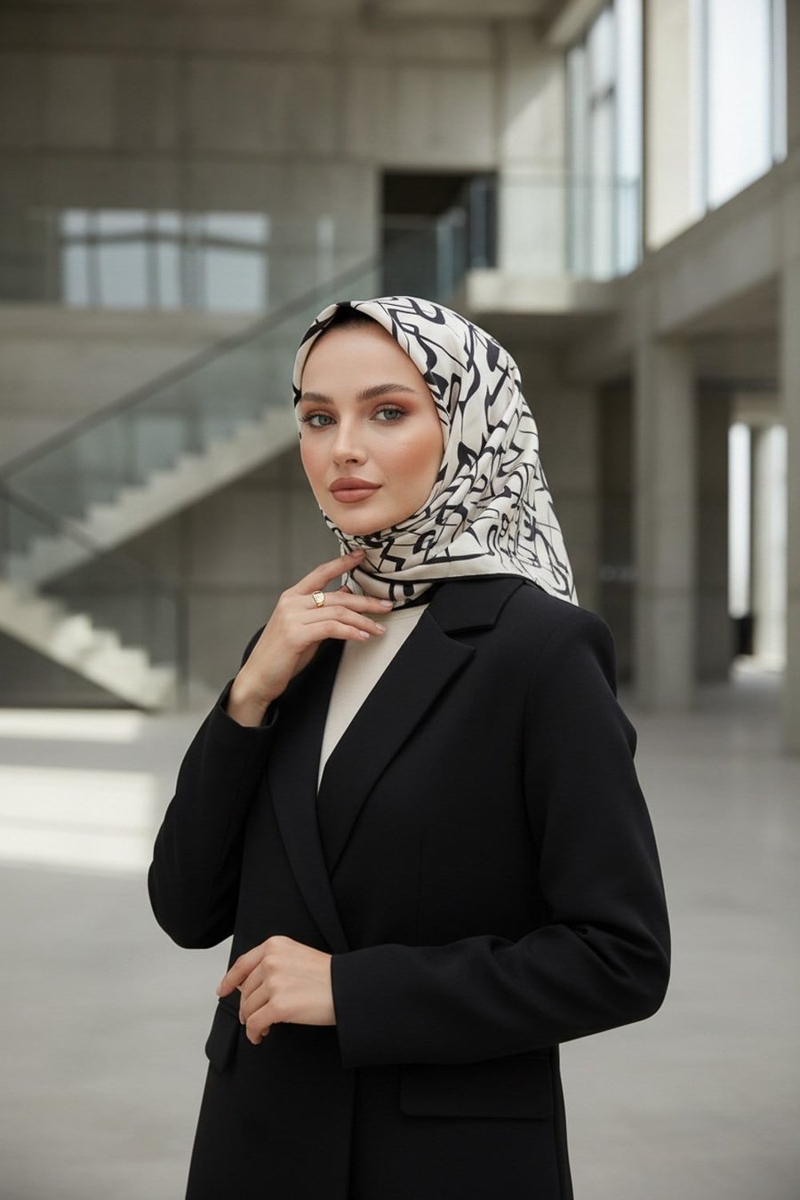 % 57 İPEK % 43 VİSKON Twill İpek Soyut Geometrik Desenli Krem - Siyah Renkli 90x90 Eşarp Dikim Şekli : El Dikişi