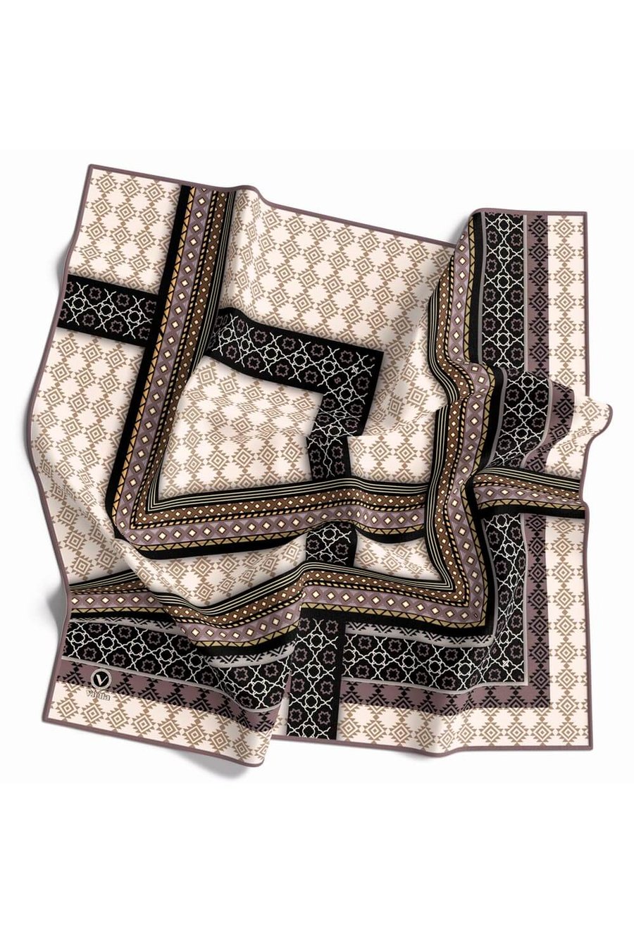 Twill Etnik Desenli Taş Renkli 90x90 Eşarp (İpek İçermez) Kenar Dikiş Şekli El Dikişli