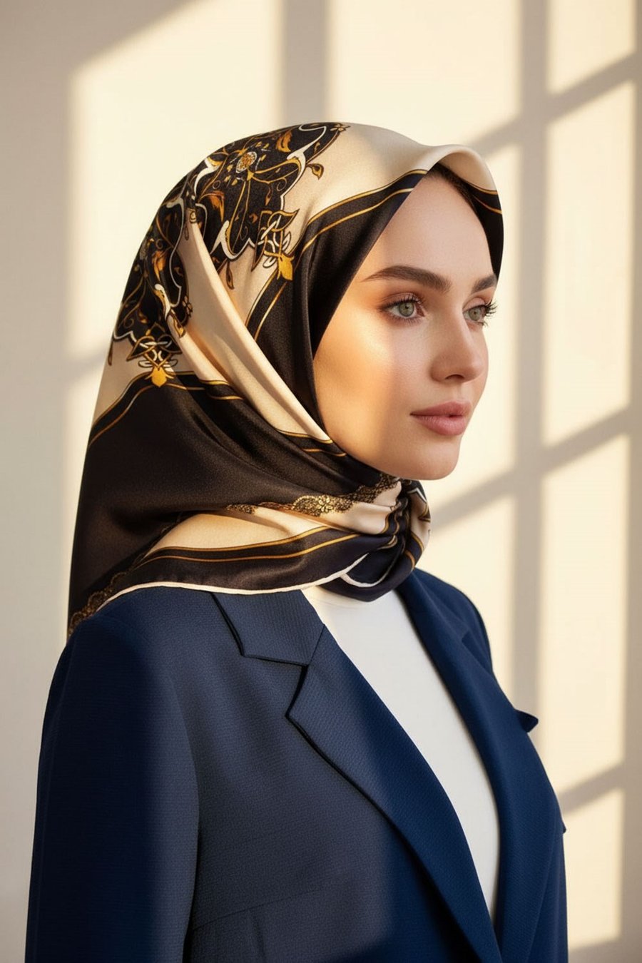 %100 Twill Barok Desenli Lacivert - Krem Renkli 90x90 Eşarp Dikim Şekli: El Dikişi