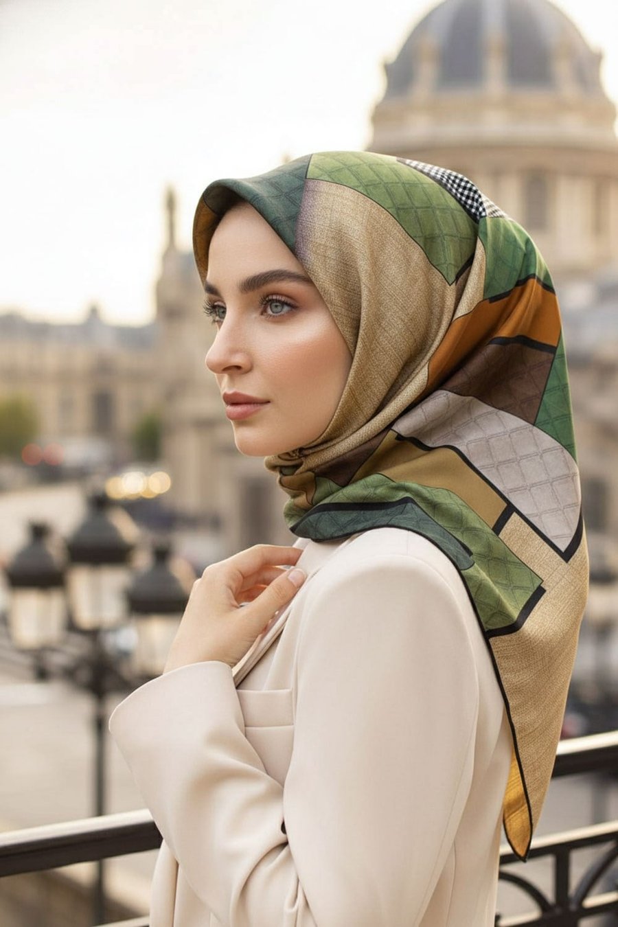 %100 Twill İpek Kazayaklı Ve Geometrik Desenli Bej - Zümrüt Yeşili Renkli 90x90 Eşarp Dikim Şekli : El Dikişi