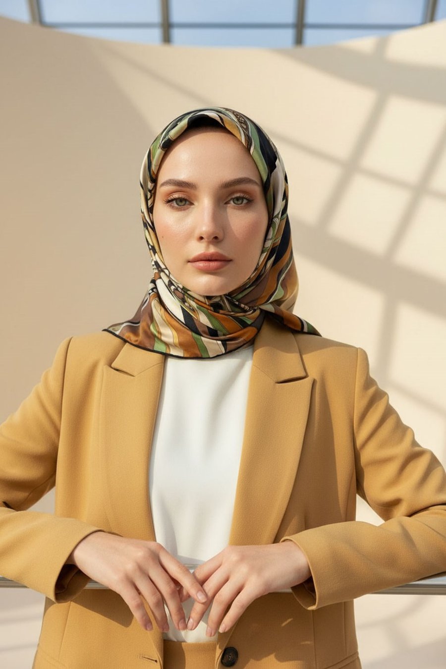 100% Twill Etnik Yaprak Desenli Haki Renkli 90x90 Dikim Şekli : El Dikişi Eşarp