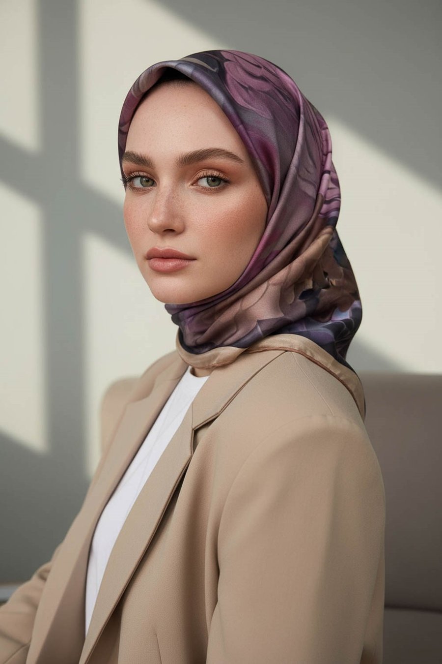 %100 Twill İpek Dumanlı Çiçek Desenli Somon - Lila Renkli 90x90 Eşarp Kenar Dikiş Şekli El Dikişli
