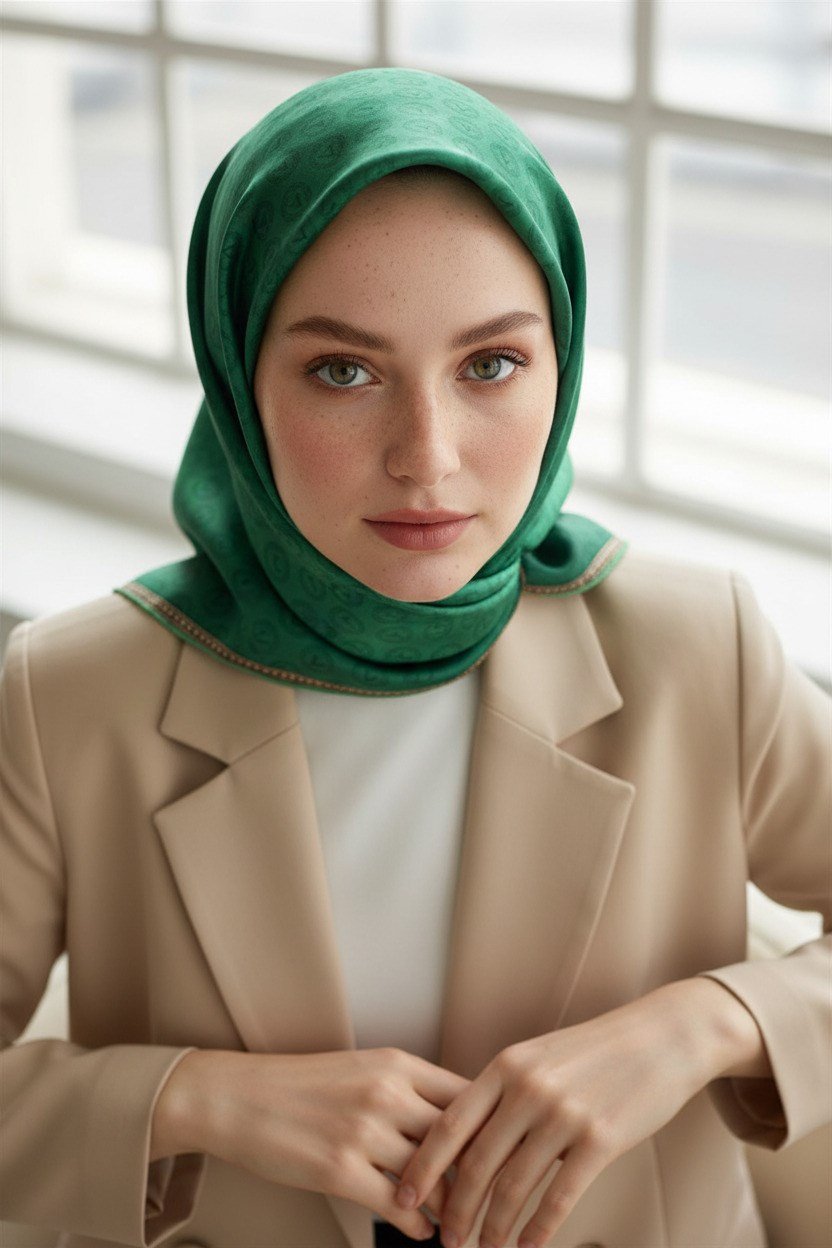 % 57 İPEK % 43 VİSKON Twill İpek Monogram Desenli Zümrüt Yeşili Renkli 90x90 Eşarp Dikim Şekli : El Dikişi
