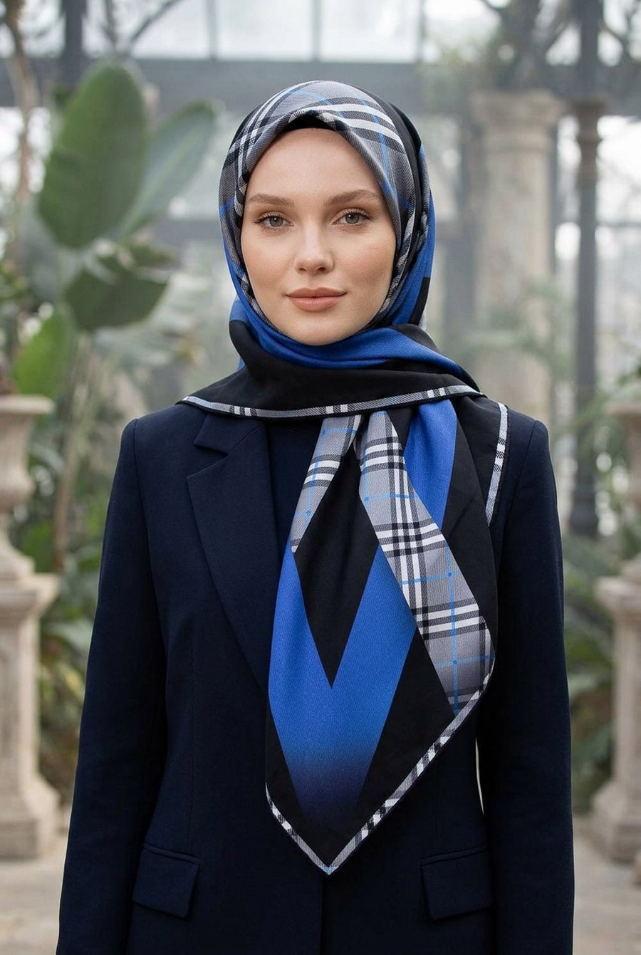 % 57 İPEK % 43 VİSKON Twill İpek Ekose Desenli Saks - Siyah Renkli 90x90 Eşarp Dikim Şekli : El Dikişi
