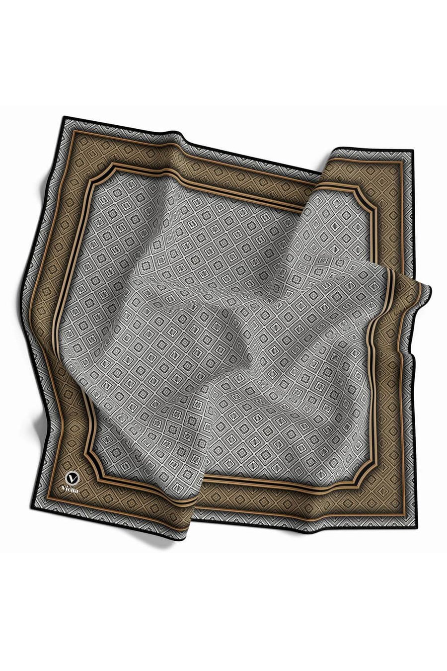 Twill Geometrik Çıtır Desenli Bej Renkli 90x90 Eşarp (İpek İçermez) Kenar Dikiş Şekli El Dikişli