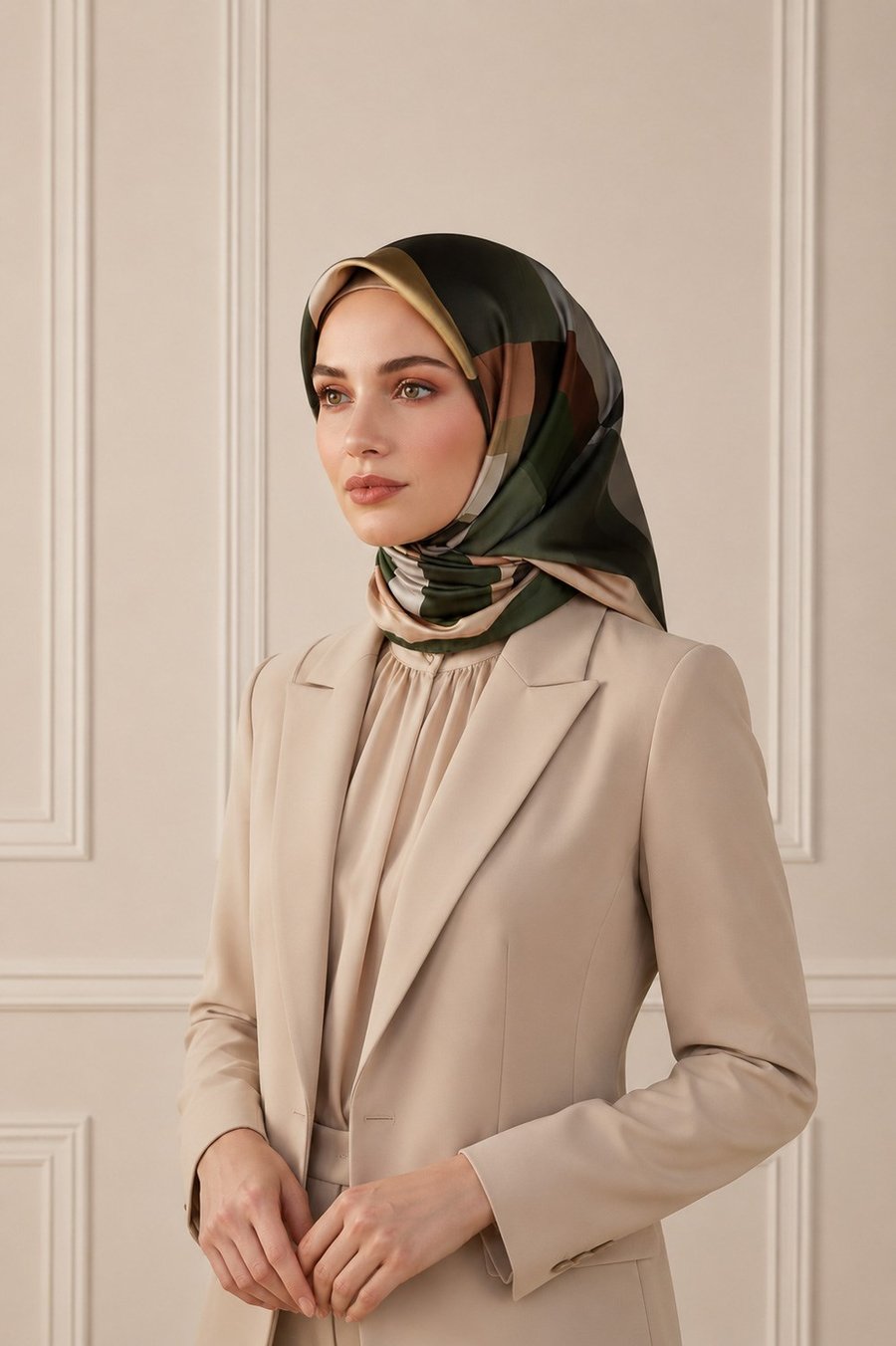 % 57 İPEK % 43 VİSKON Twill İpek Geometrik Desenli Haki - Bakır Renkli 90x90 Eşarp Dikim Şekli : El Dikişi
