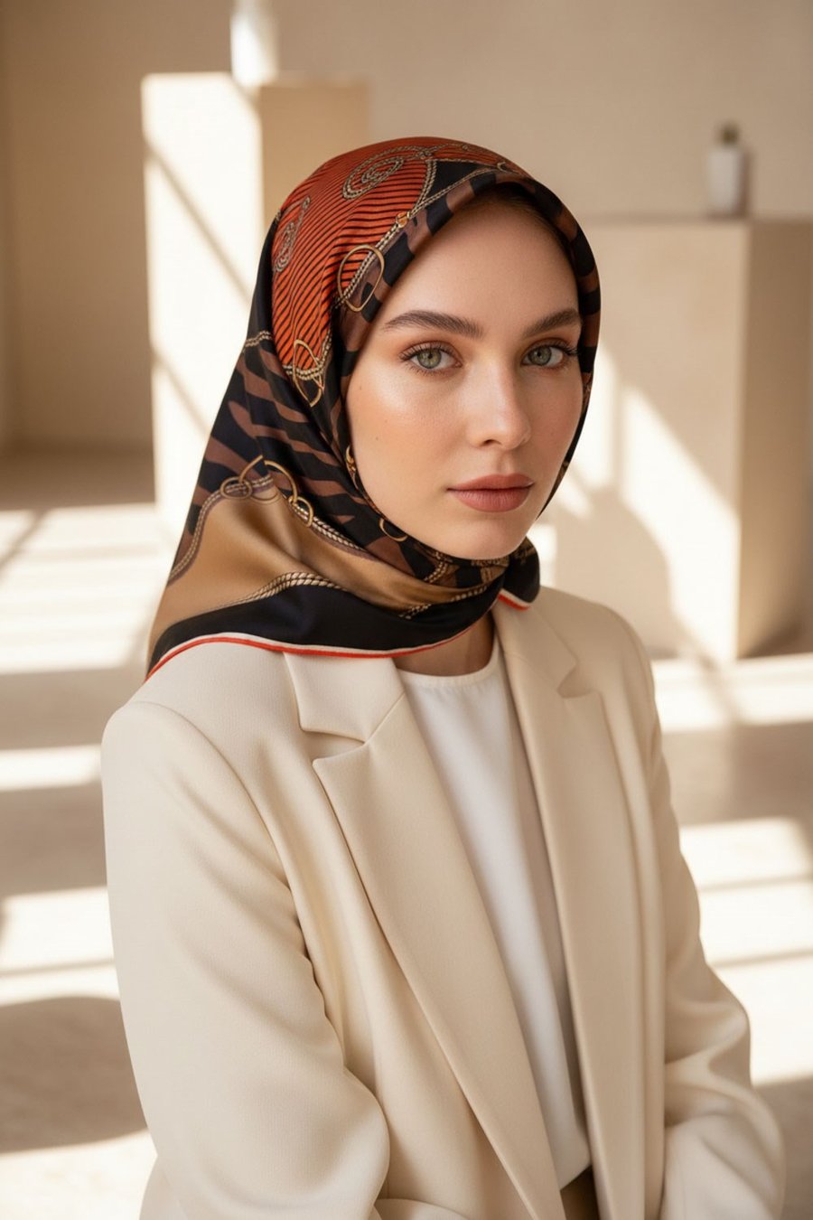 %100 Twill İpek Zincirli Ve Zebra Desenli Taba - Bej Renkli 90x90 Eşarp Dikim Şekli : El Dikişi