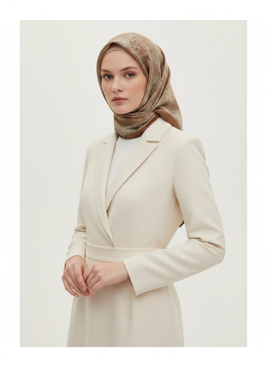 %100 Twill İpek Dokulu Desen Kahverengi - Fıstık Yeşili Renkli 90x90 Eşarp Kenar Dikiş Şekli El Dikişli
