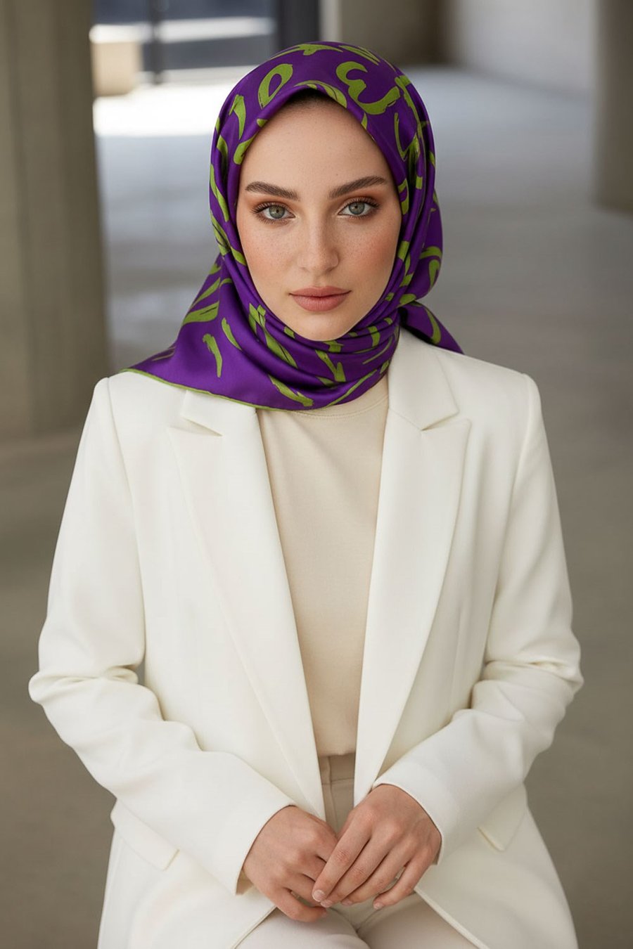 % 57 İPEK % 43 VİSKON Twill İpek Büyük Çiçek Desenli Mor - Haki Renkli 90x90 Eşarp Dikim Şekli : El Dikişi