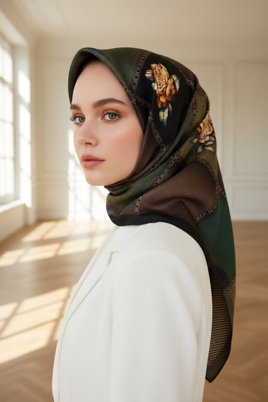 %100 Twill İpek Dokulu Çiçekli Ve Geometrik Desenli Zümrüt Yeşili - Haki Renkli 90x90 Eşarp Dikim Şekli : El Dikişi