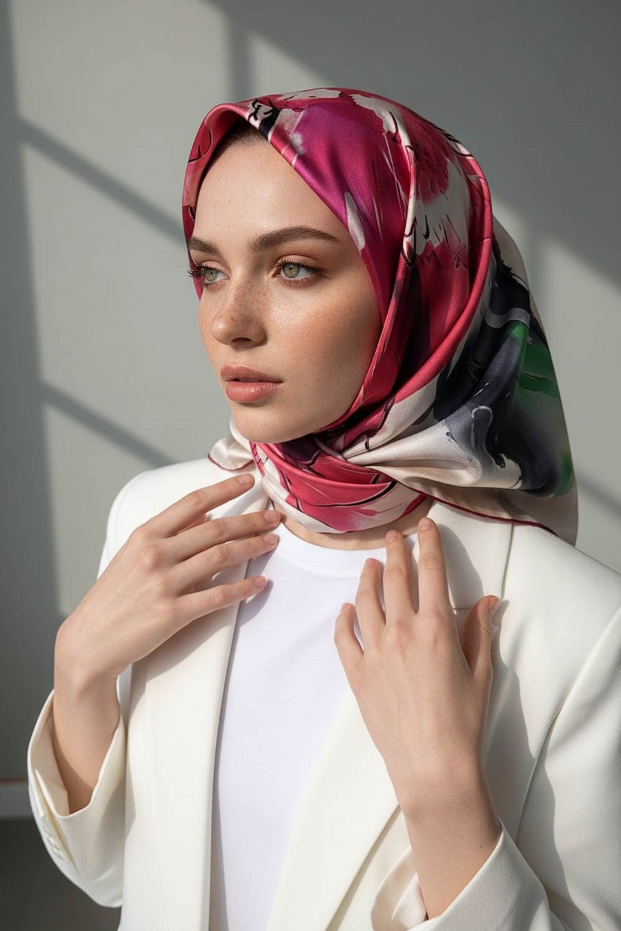 %100 Twill İpek Sulu Boya Çiçek Desenli Kırmızı - Fuşya Renkli 90x90 Eşarp Dikim Şekli : El Dikişi