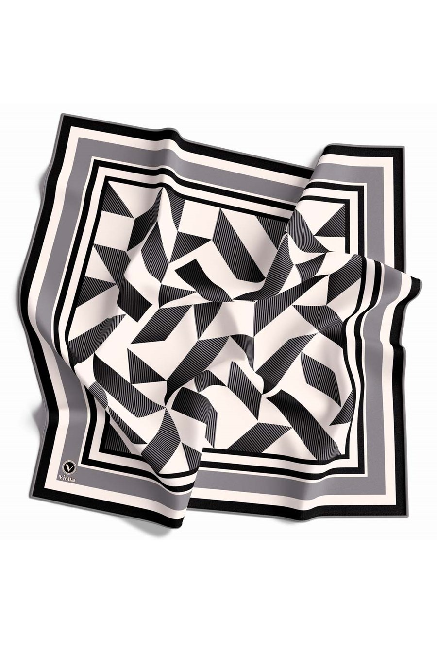 Twill Geometrik Desenli Gri Renkli 90x90 Eşarp (İpek İçermez) Kenar Dikiş Şekli El Dikişli
