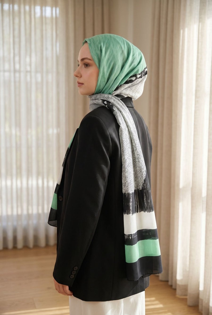 %100 Saf İpek Şal İnce Saten Vual Dokuma Patchwork Desenli Siyah - Mint Yeşili Renkli 90x210 Şal