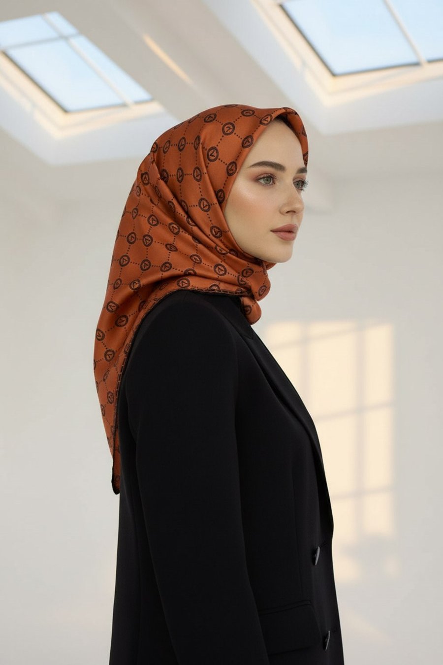 %100 Twill İpek Monogram Desenli Taba - Siyah Renkli 90x90 Eşarp Dikim Şekli : El Dikişi