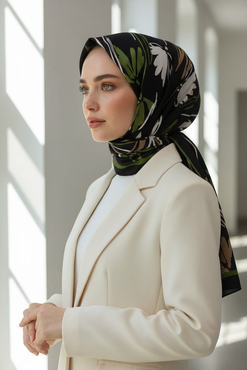 KREP ÇİÇEK DESENLİ HAKİ RENKLİ 75X195 KIRIŞMAZ ŞAL